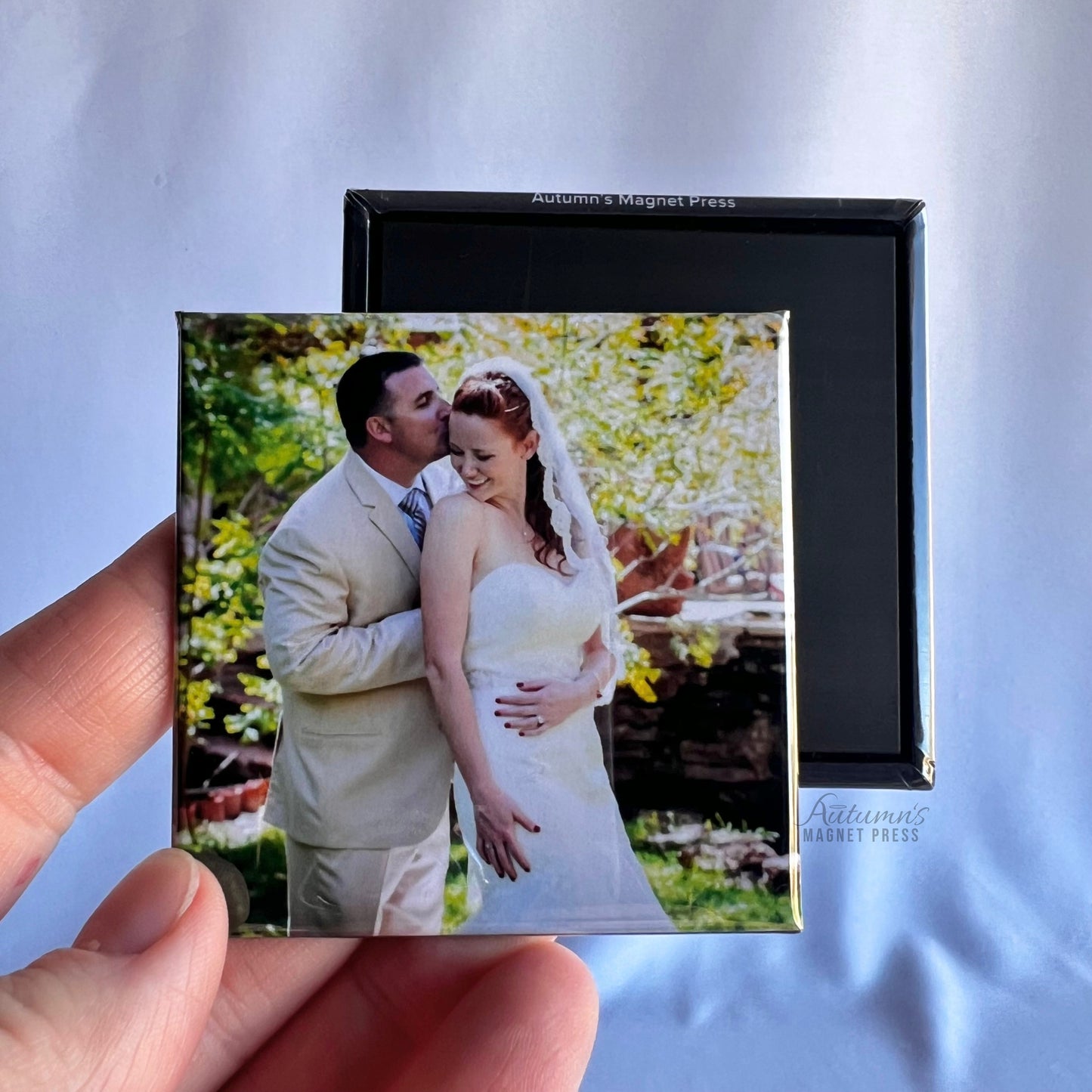 2.5 inch square custom photo magnet showing front photo and magnetic backing