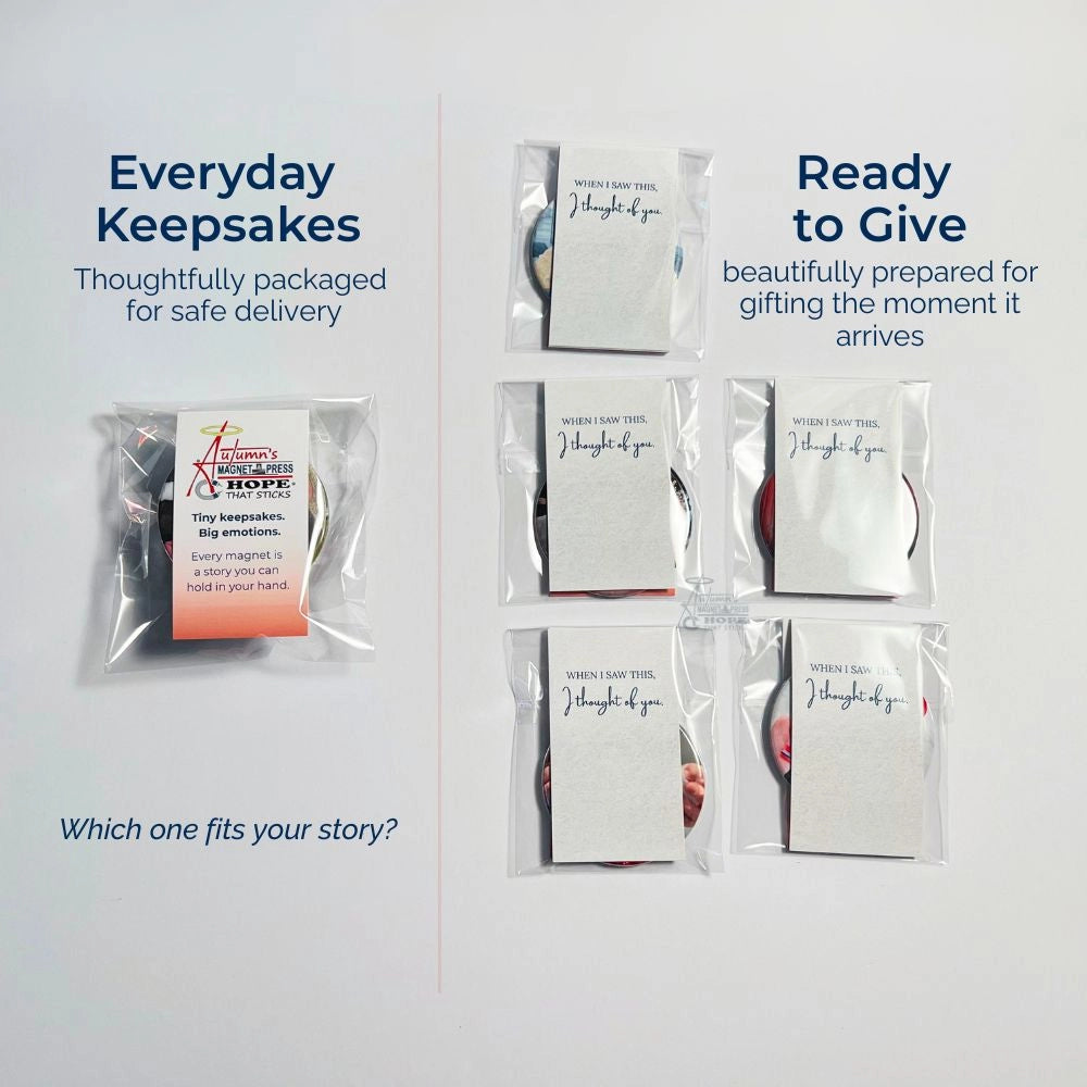 Everyday Keepsake and Ready to Give packaging options for 2.5-inch round photo magnets from Autumn’s Magnet Press, designed for safe delivery and thoughtful gifting.