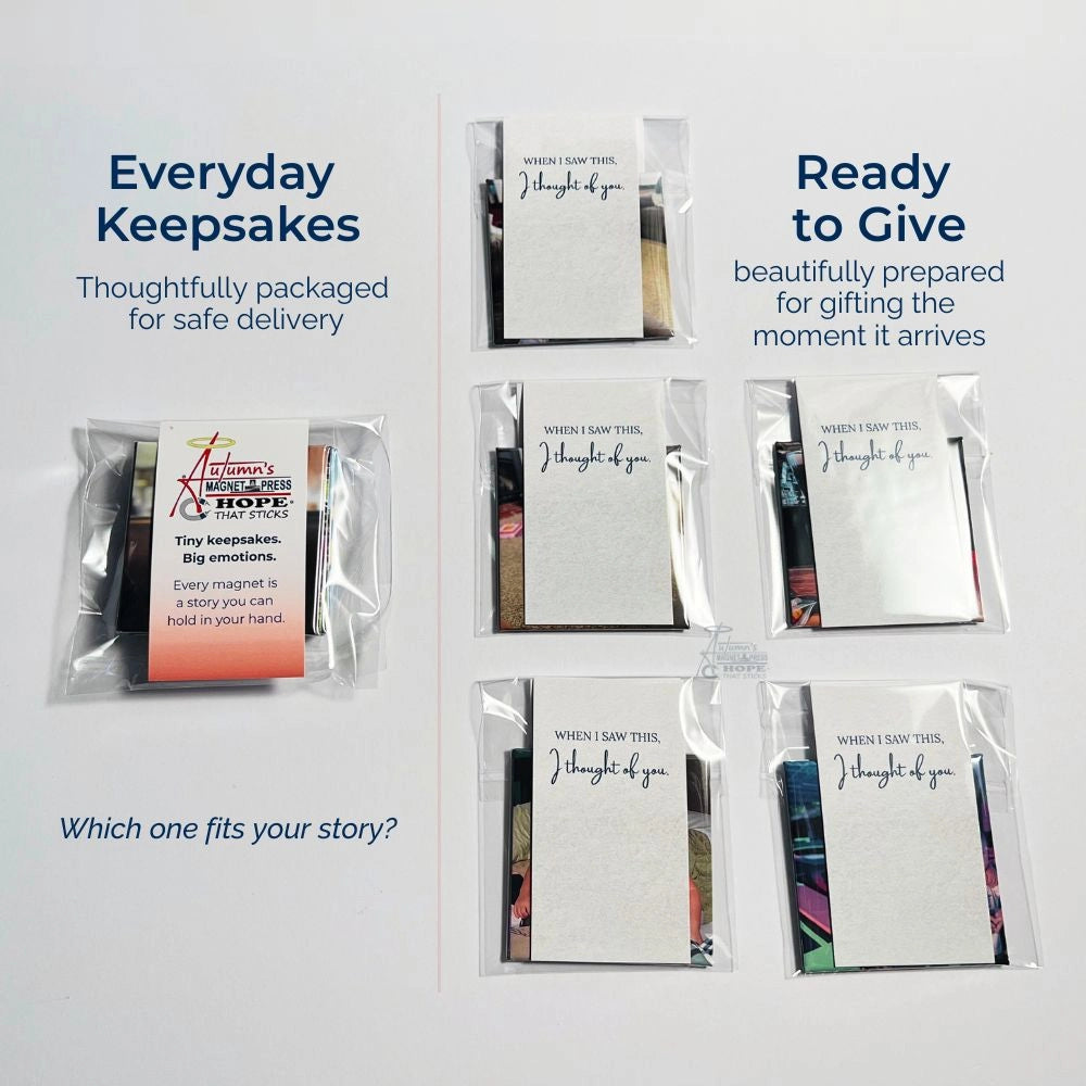 Everyday Keepsake and Ready to Give packaging options for 2.5-inch square photo magnets by Autumn’s Magnet Press, perfect for gifting or display.