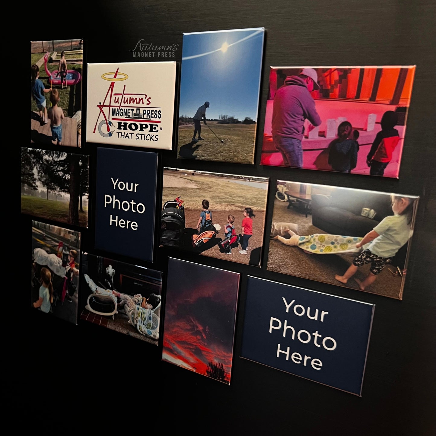 Set of 12 premium rectangle custom photo magnets arranged as a family photo collage on a dark metal surface