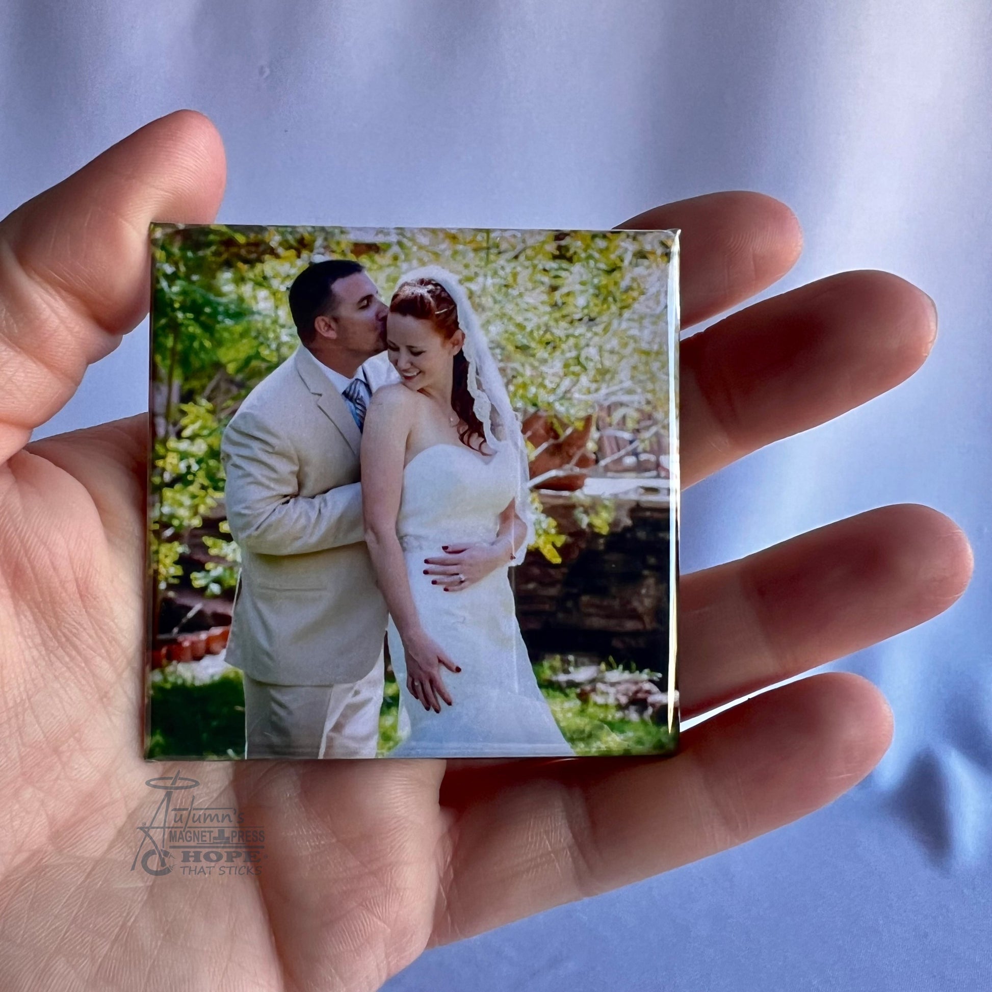 2.5 inch square custom photo magnet displaying real printed photo quality