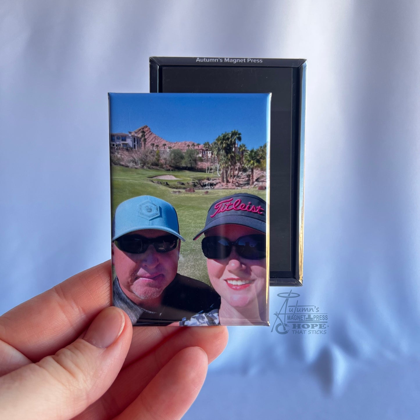 2x3 rectangle custom photo magnet showing front photo and magnetic backing