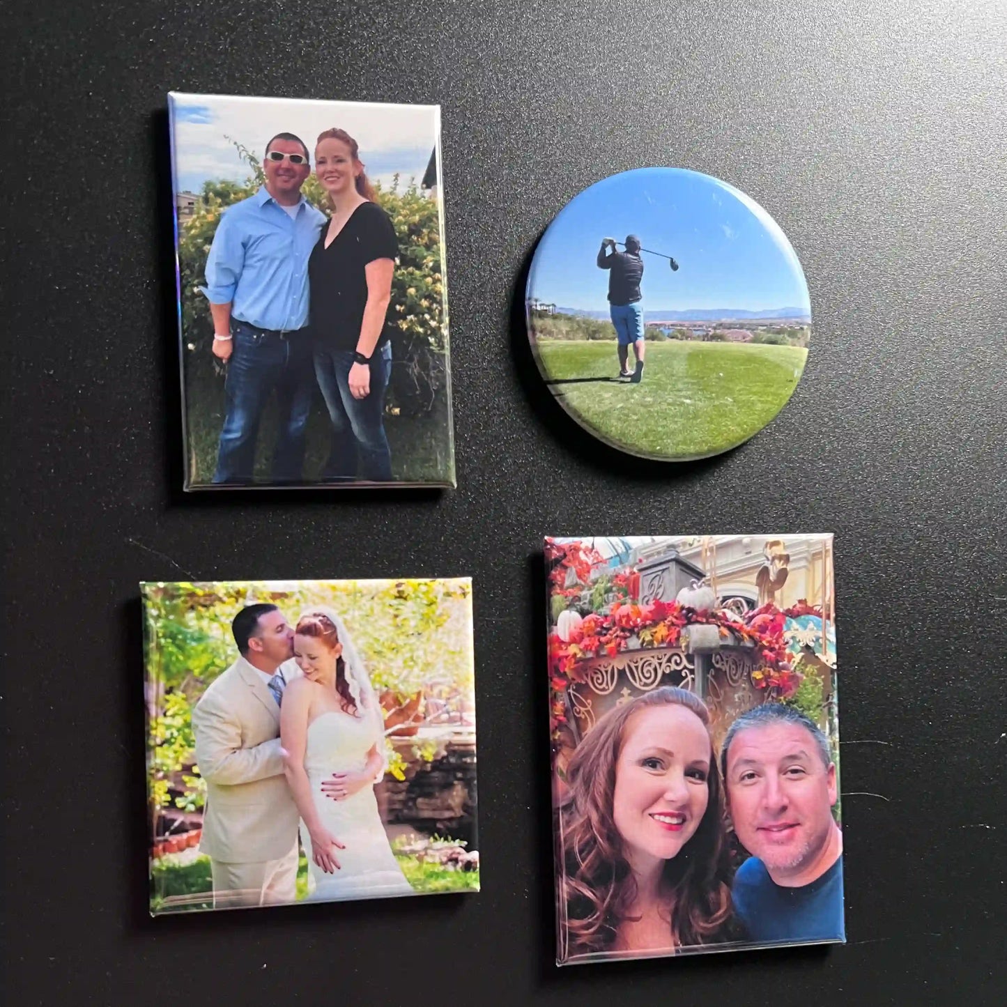 Display of mixed photo magnet shapes — round, square, rectangle, and premium rectangle — from Autumn’s Magnet Press, offering a side-by-side size comparison for the Try Them All set.