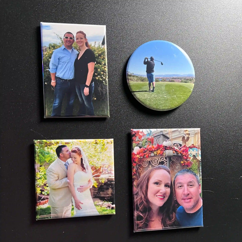 Display of mixed photo magnet shapes — round, square, rectangle, and premium rectangle — from Autumn’s Magnet Press, offering a side-by-side size comparison for the Try Them All set.