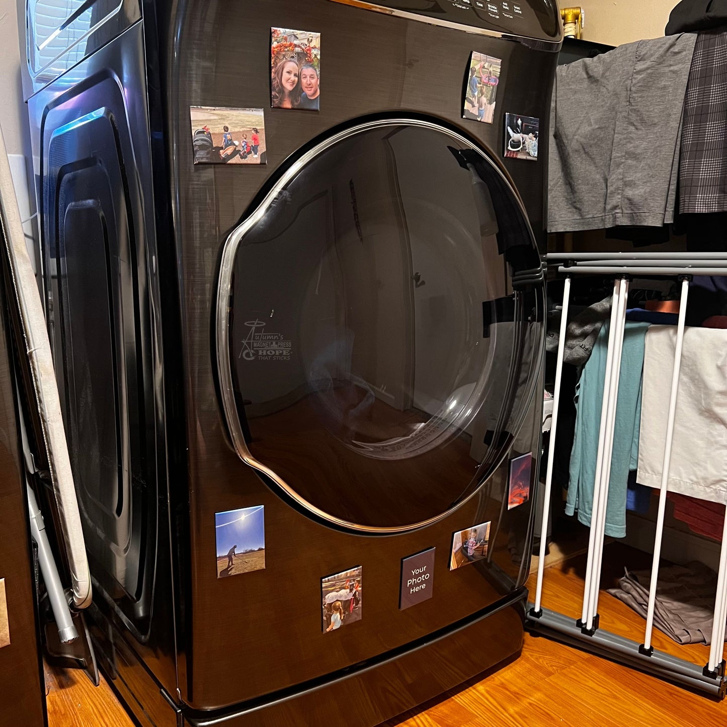 Set of 9 premium rectangle custom photo magnets arranged together on a washer and dryer showing everyday family moments printed as small magnets