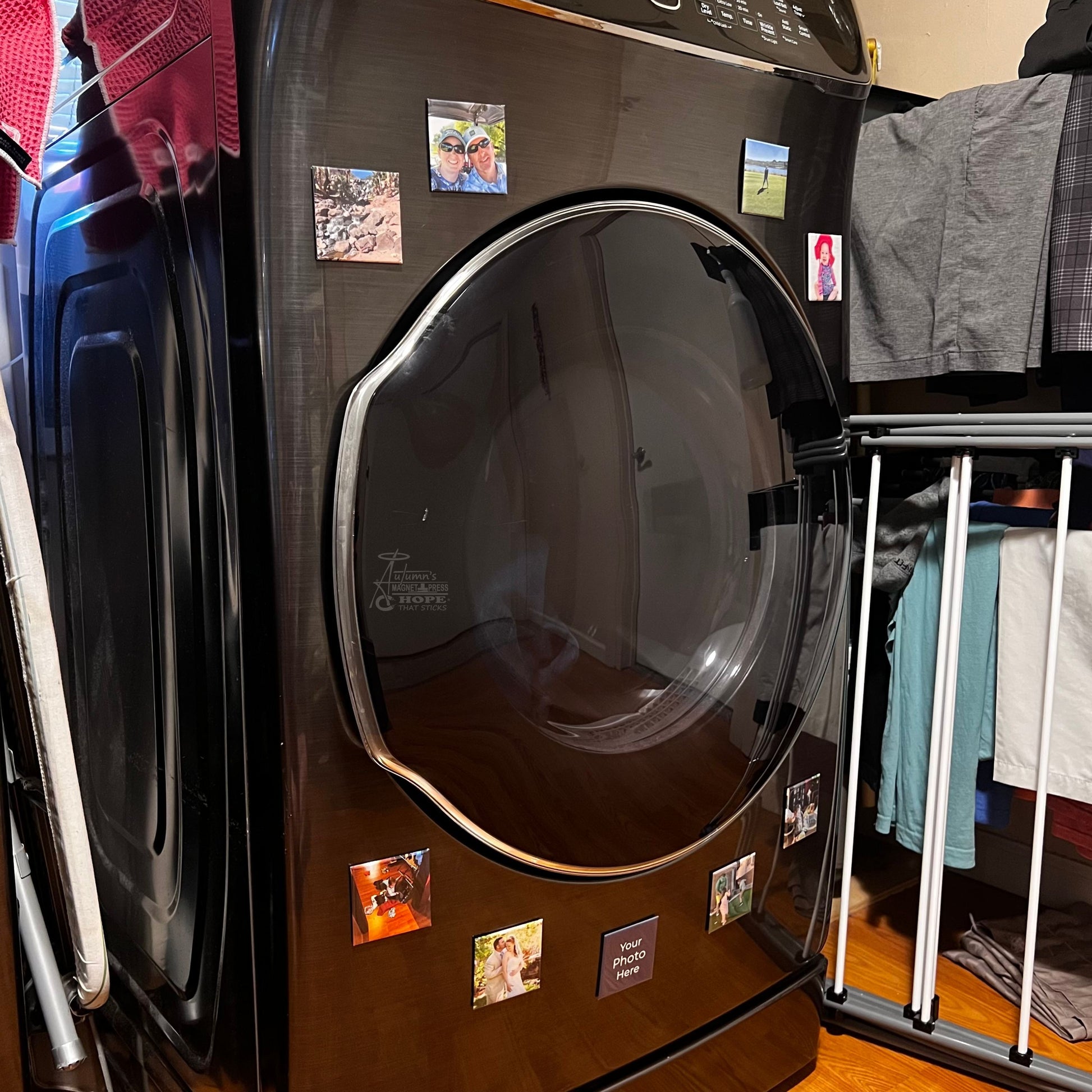 Set of 9 square custom photo magnets arranged together on a washer and dryer showing everyday family moments printed as small magnets