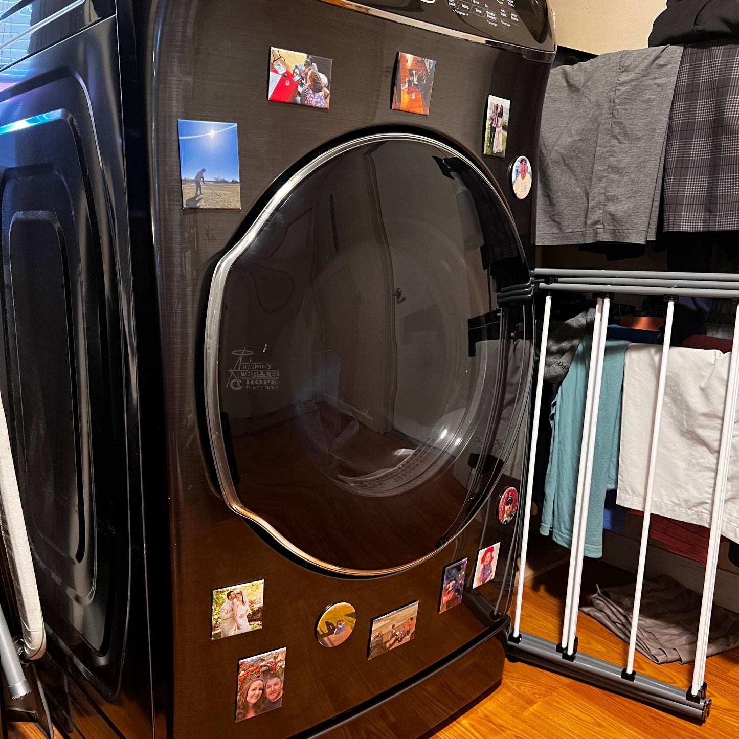 Try them all set of 12 custom photo magnets showing round, square, rectangle, and premium rectangle magnets arranged together on a washer and dryer showing everyday family moments.