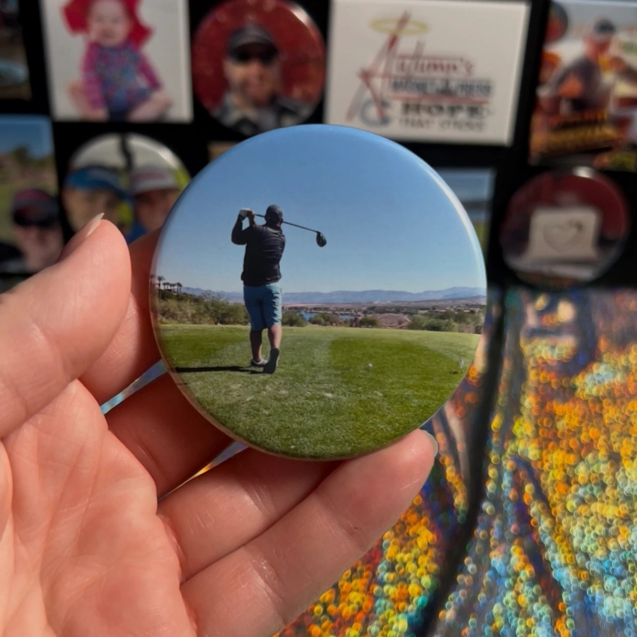 Display of 2.5-inch round photo magnet in my hand, showing the soft, circular shape handcrafted by Autumn’s Magnet Press.