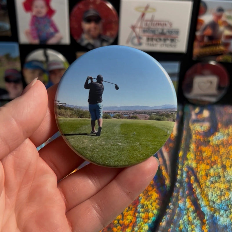 Display of 2.5-inch round photo magnet in my hand, showing the soft, circular shape handcrafted by Autumn’s Magnet Press.