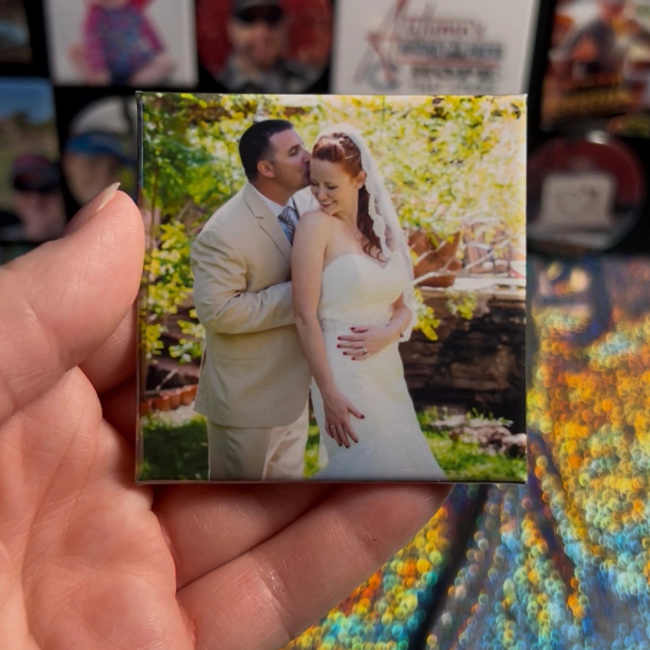Display of 2.5-inch square photo magnet held in hand from Autumn’s Magnet Press, featuring a meaningful keepsakes in a modern square style.