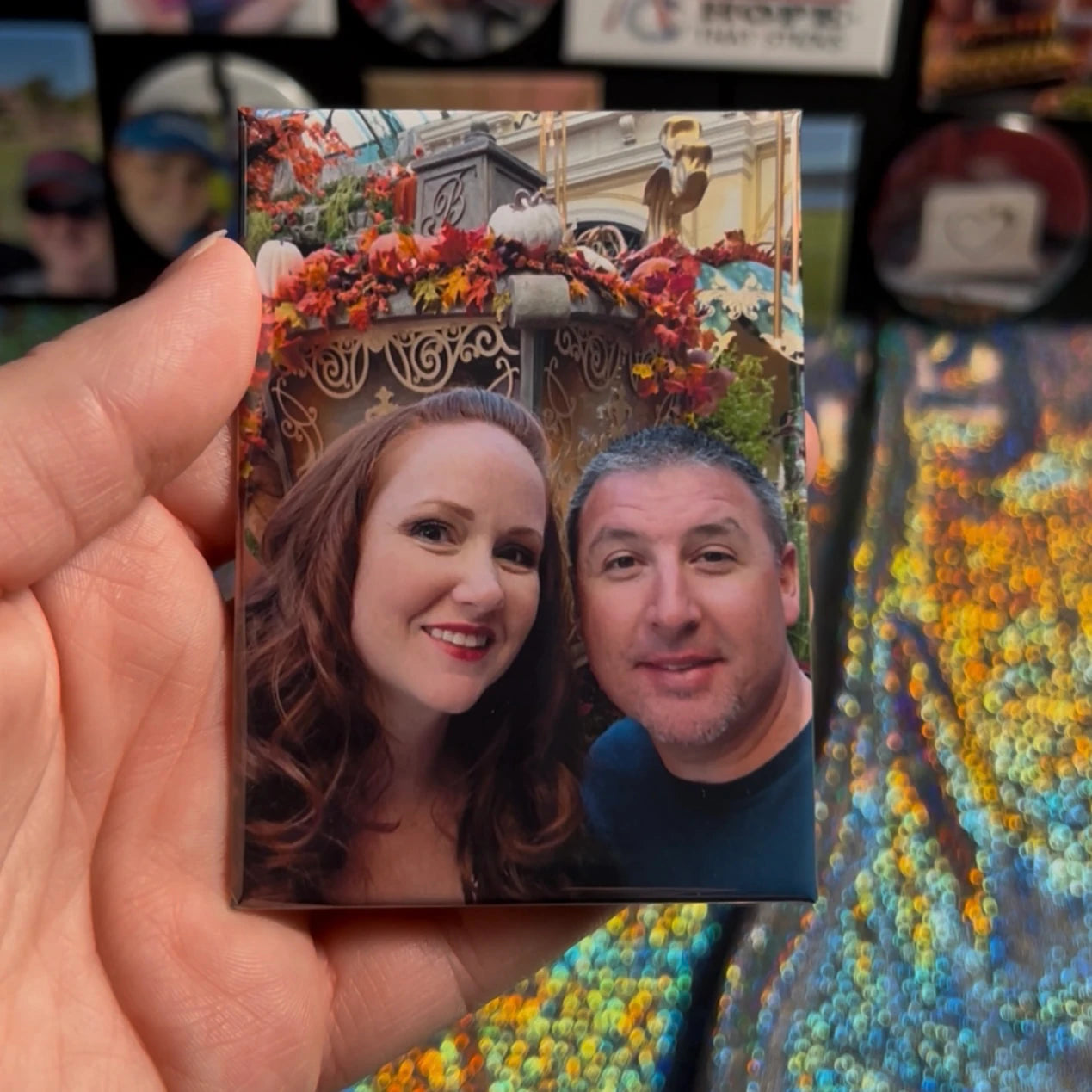 Display of 2.5x3.5-inch premium rectangle photo magnet held in hand from Autumn’s Magnet Press, showing taller Polaroid-style frames perfect for group photos and legacy keepsakes.