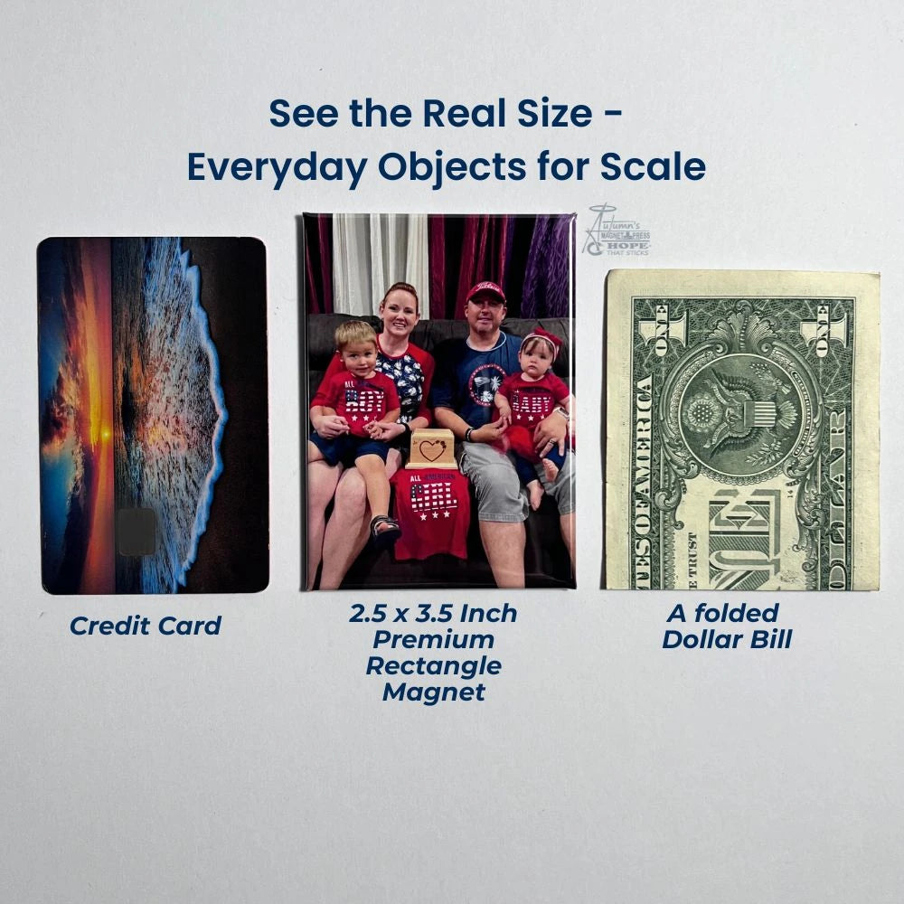 Real-life size comparison of a 2.5x3.5 premium rectangle photo magnet beside a credit card and folded dollar bill, showing true scale and quality from Autumn’s Magnet Press.