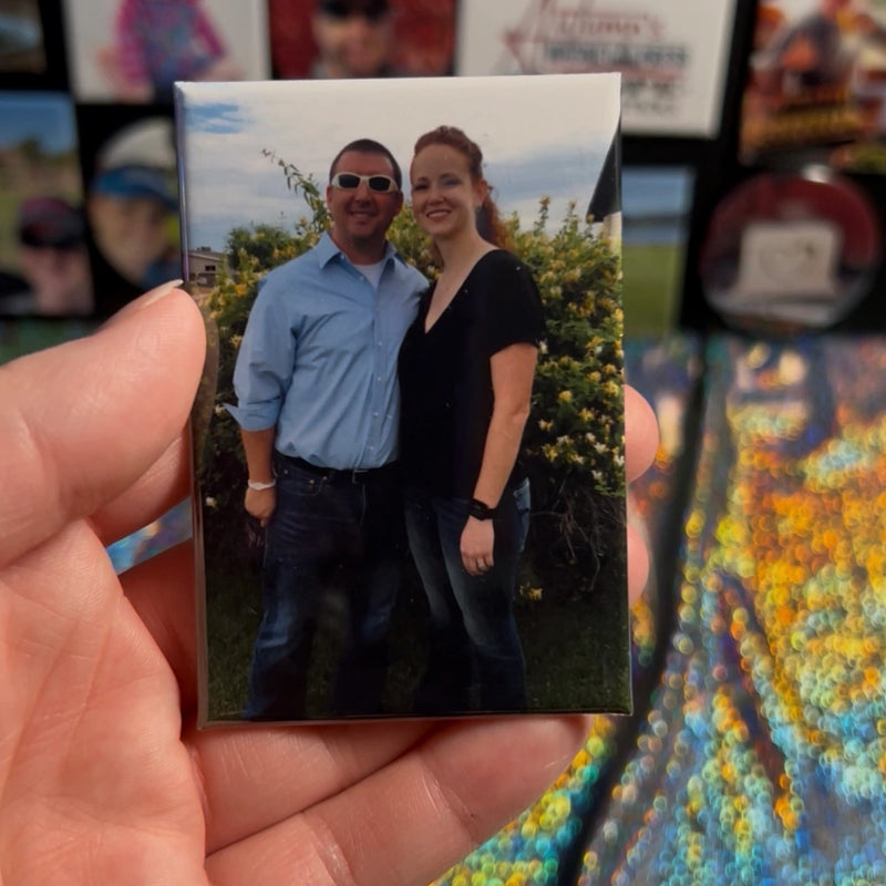 Display of 2x3 inch rectangle photo magnet held in hand from Autumn’s Magnet Press, featuring a meaningful keepsakes in a modern rectangle style.