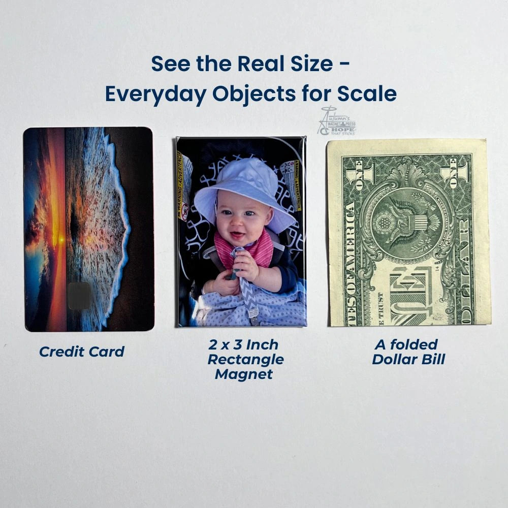 Real-life size comparison of a 2x3 rectangle photo magnet beside a credit card and folded dollar bill, showing true scale and quality from Autumn’s Magnet Press.