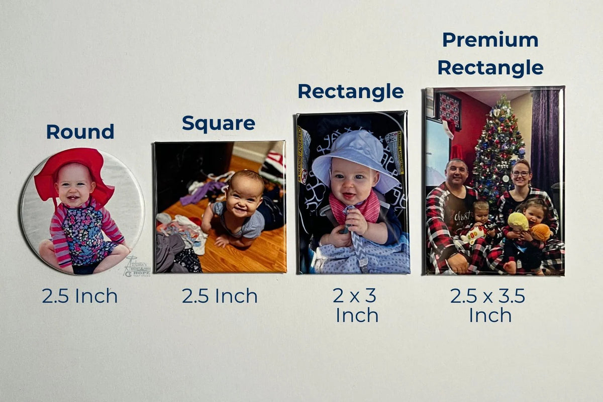 Comparison of round, square, rectangle, and premium rectangle photo magnets with labeled sizes from Autumn’s Magnet Press.