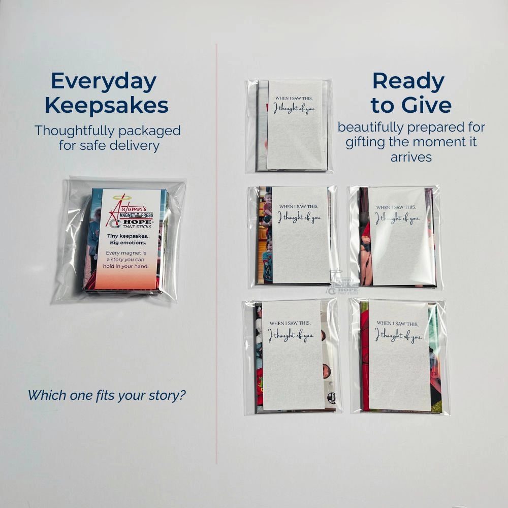 Everyday Keepsake and Ready to Give packaging for 2.5x3.5 premium rectangle photo magnets from Autumn’s Magnet Press — beautifully wrapped for safe gifting.