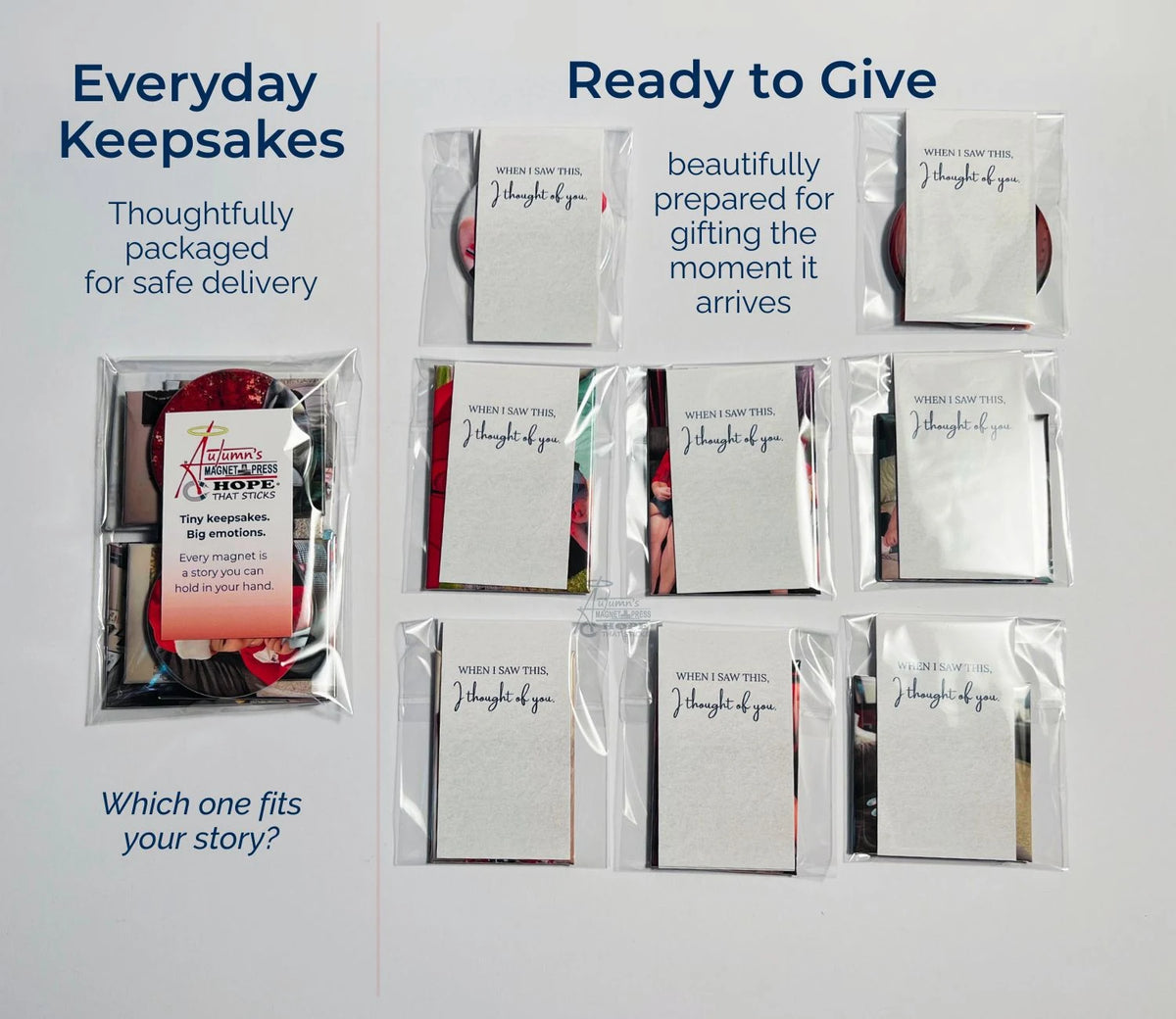 Everyday Keepsake and Ready to Give packaging comparison for Autumn’s Magnet Press Try Them All photo magnet set, showing gift-ready presentation and protective wrapping for personalized timeless photo keepsakes.