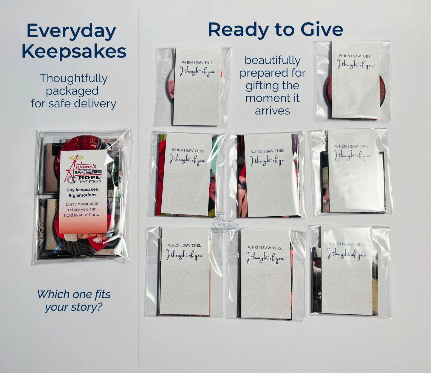 Everyday Keepsake and Ready to Give packaging comparison for Autumn’s Magnet Press Try Them All photo magnet set, showing gift-ready presentation and protective wrapping for timeless photo keepsakes.