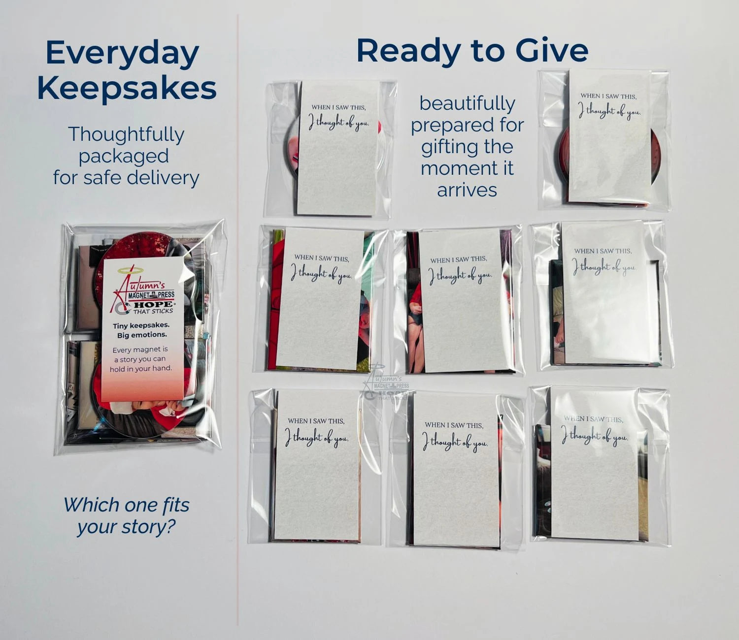 Everyday Keepsake and Ready to Give packaging comparison for Autumn’s Magnet Press Try Them All photo magnet set, showing gift-ready presentation and protective wrapping for timeless photo keepsakes.