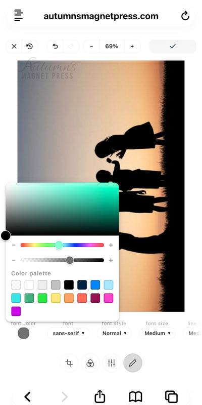 A digital preview of a custom photo magnet design from Autumn's Magnet Press, showing a silhouette of a mother and child against a warm sunset background, with a color palette overlay and a black bar at the bottom.