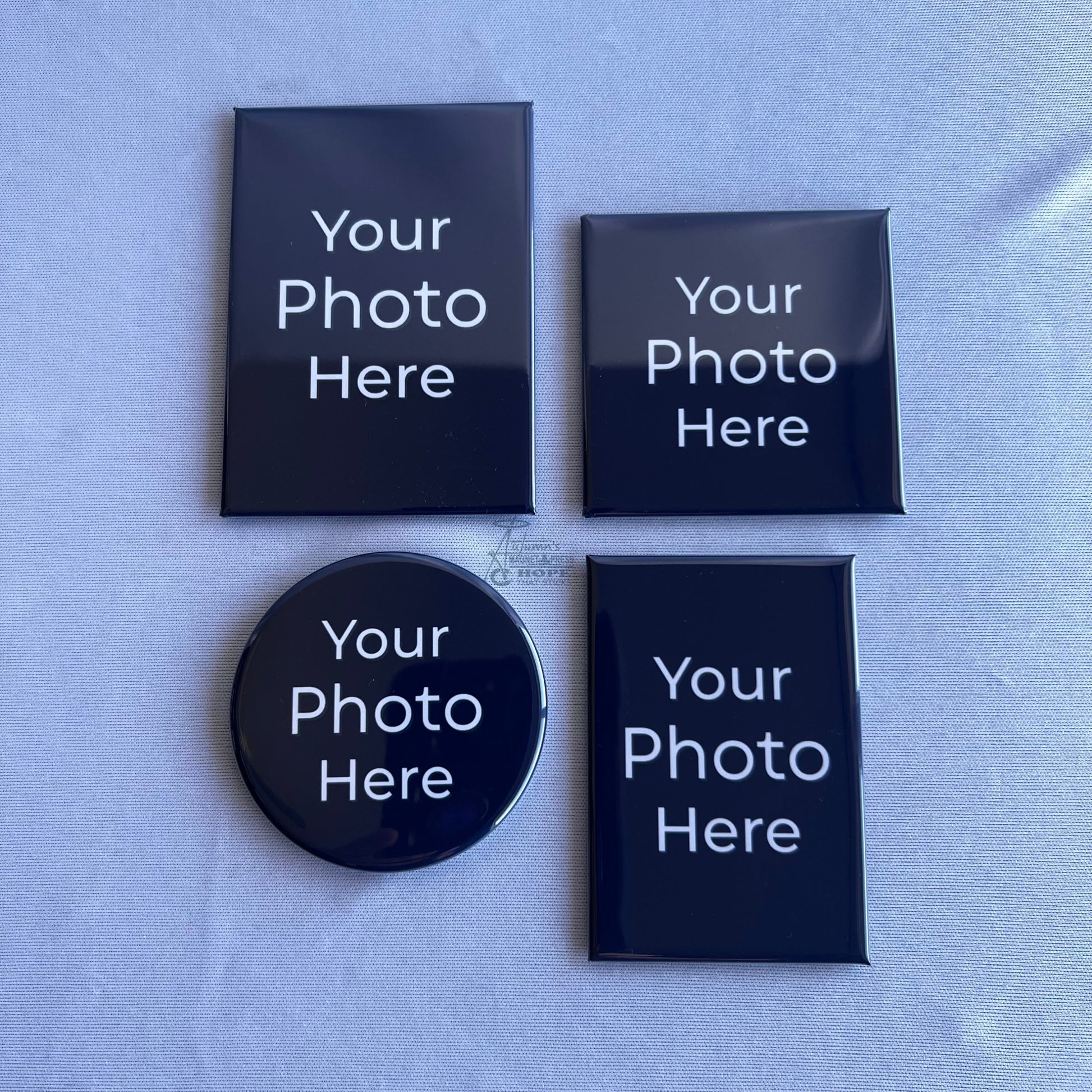 set of custom photo magnets showing round square rectangle and premium rectangle shapes