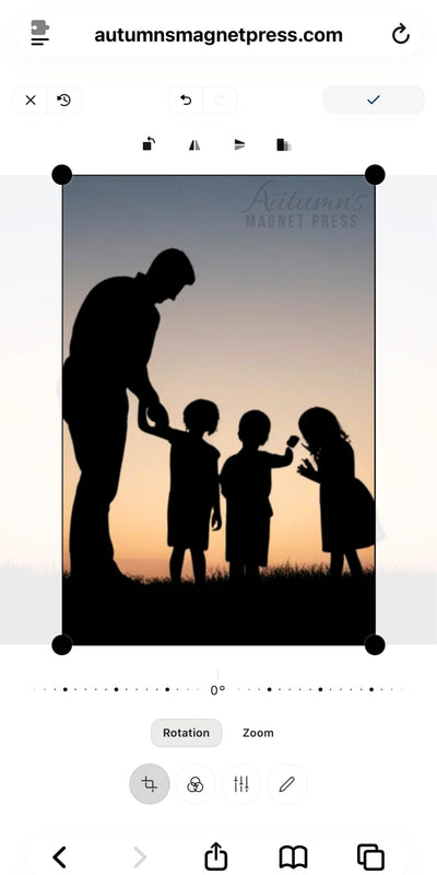 A digital preview of a custom photo magnet design showing a silhouette of a father and children at sunset, with the text 'Autumn Magnet Press' on the print, displayed inside a mobile editing interface.