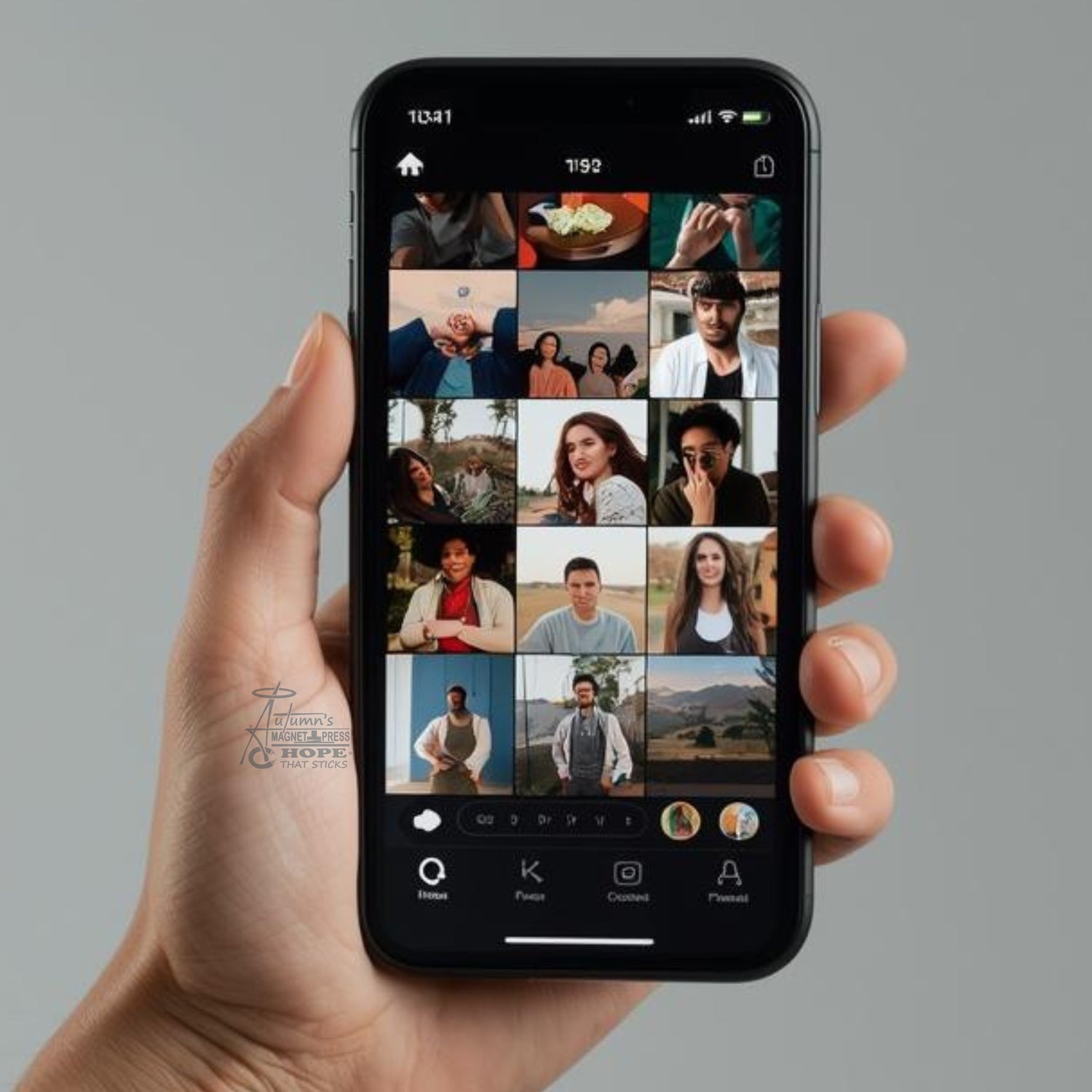 Smartphone displaying a photo gallery used to upload pictures for custom photo magnets and personalized keepsakes.