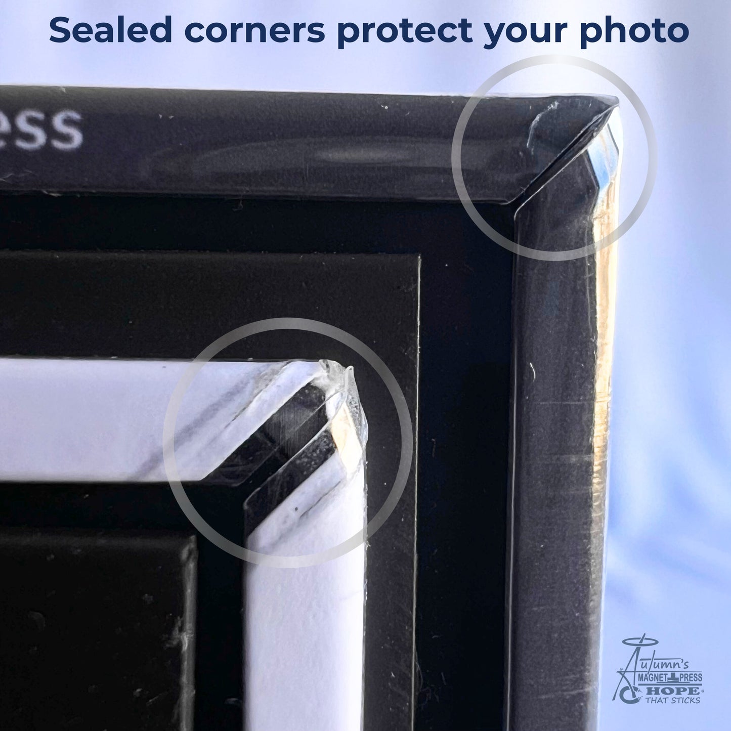 close up of sealed corner edge on custom photo magnet showing durability