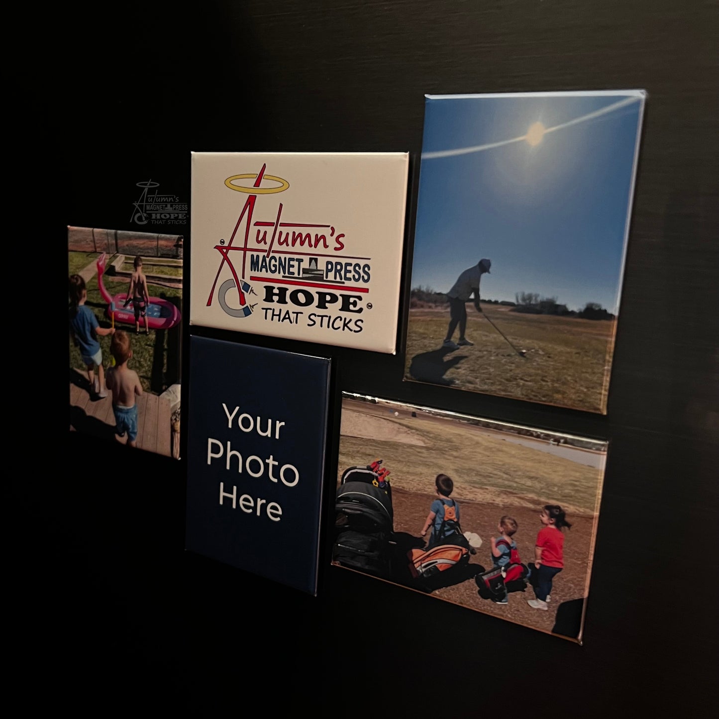 Set of 5 premium rectangle custom photo magnets arranged as a family photo collage on a dark metal surface