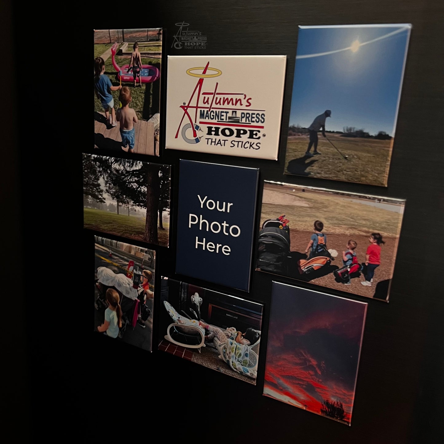Set of 9 premium rectangle custom photo magnets arranged as a family photo collage on a dark metal surface