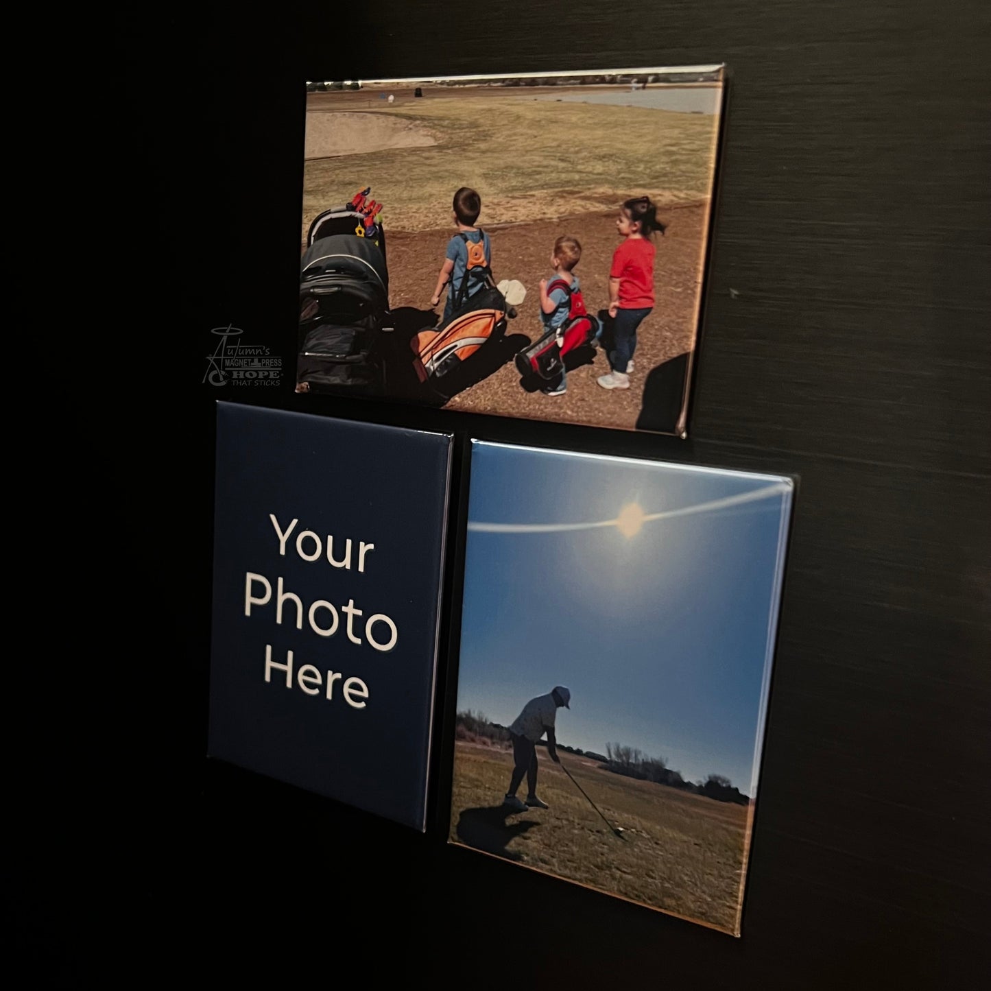 Set of 3 premium rectangle custom photo magnets showing family and golf photos on a dark metal surface