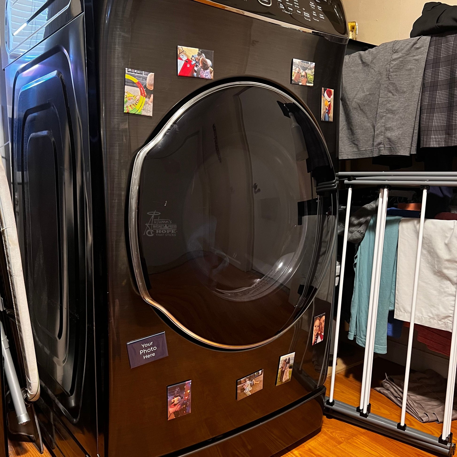Set of 9 rectangle custom photo magnets arranged together on a washer and dryer showing everyday family moments printed as small magnets