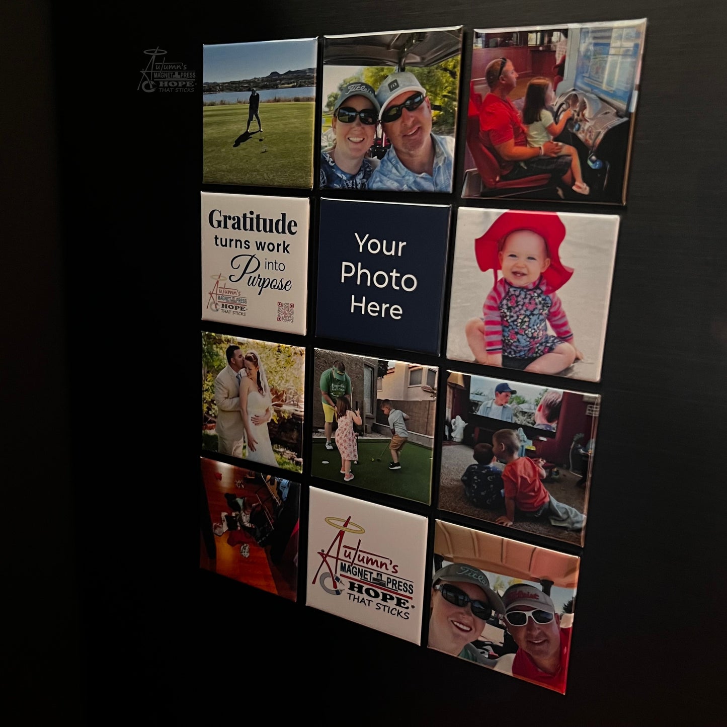 Set of 12 square custom photo magnets showing a grid of family photos on a dark metal surface