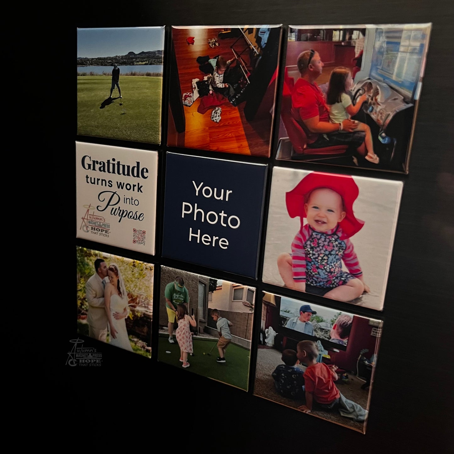 Set of 9 square custom photo magnets arranged as a family photo collage on a dark metal surface