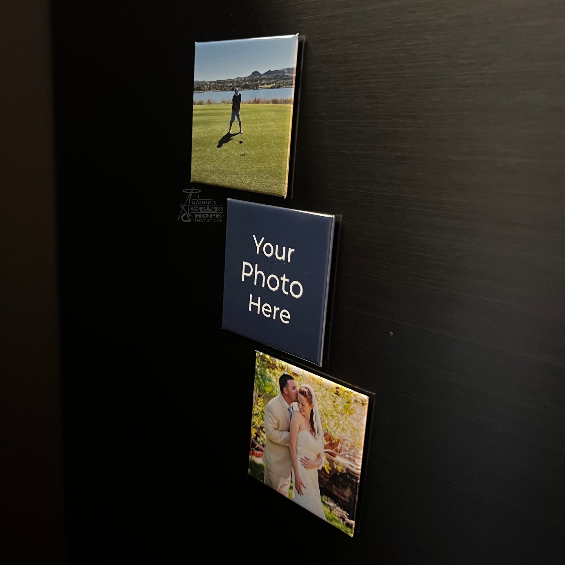 Set of 3 square custom photo magnets with family and wedding photos on a dark metal surface