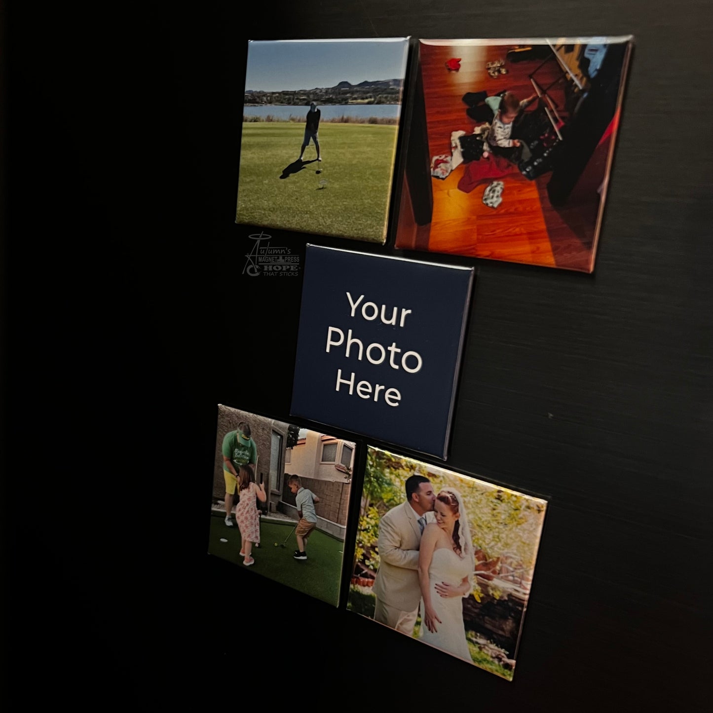 Set of 5 square custom photo magnets with family and wedding photos on a dark metal surface