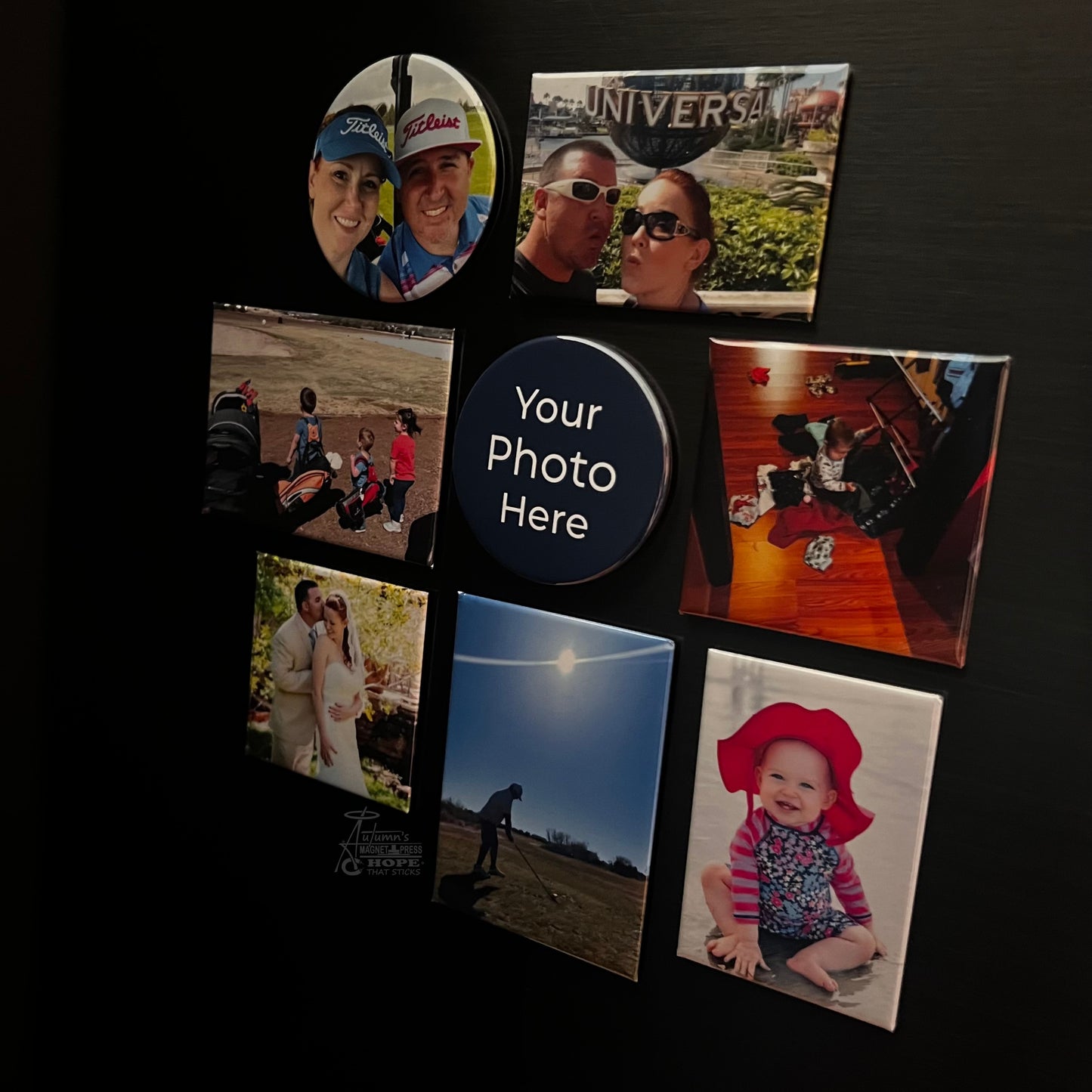Try them all set of 8 custom photo magnets showing round, square, rectangle, and premium rectangle magnets on a dark metal surface