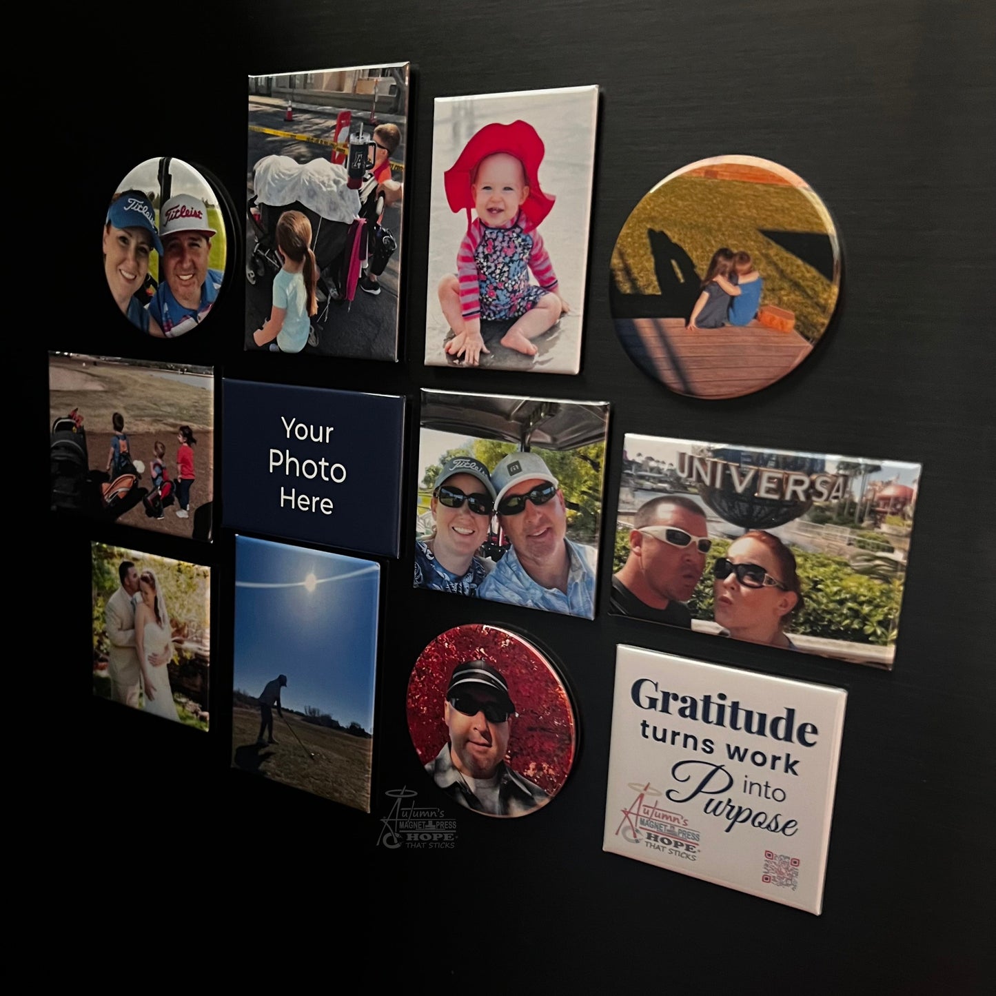 Try them all set of 12 custom photo magnets showing round, square, rectangle, and premium rectangle magnets arranged on a dark metal surface