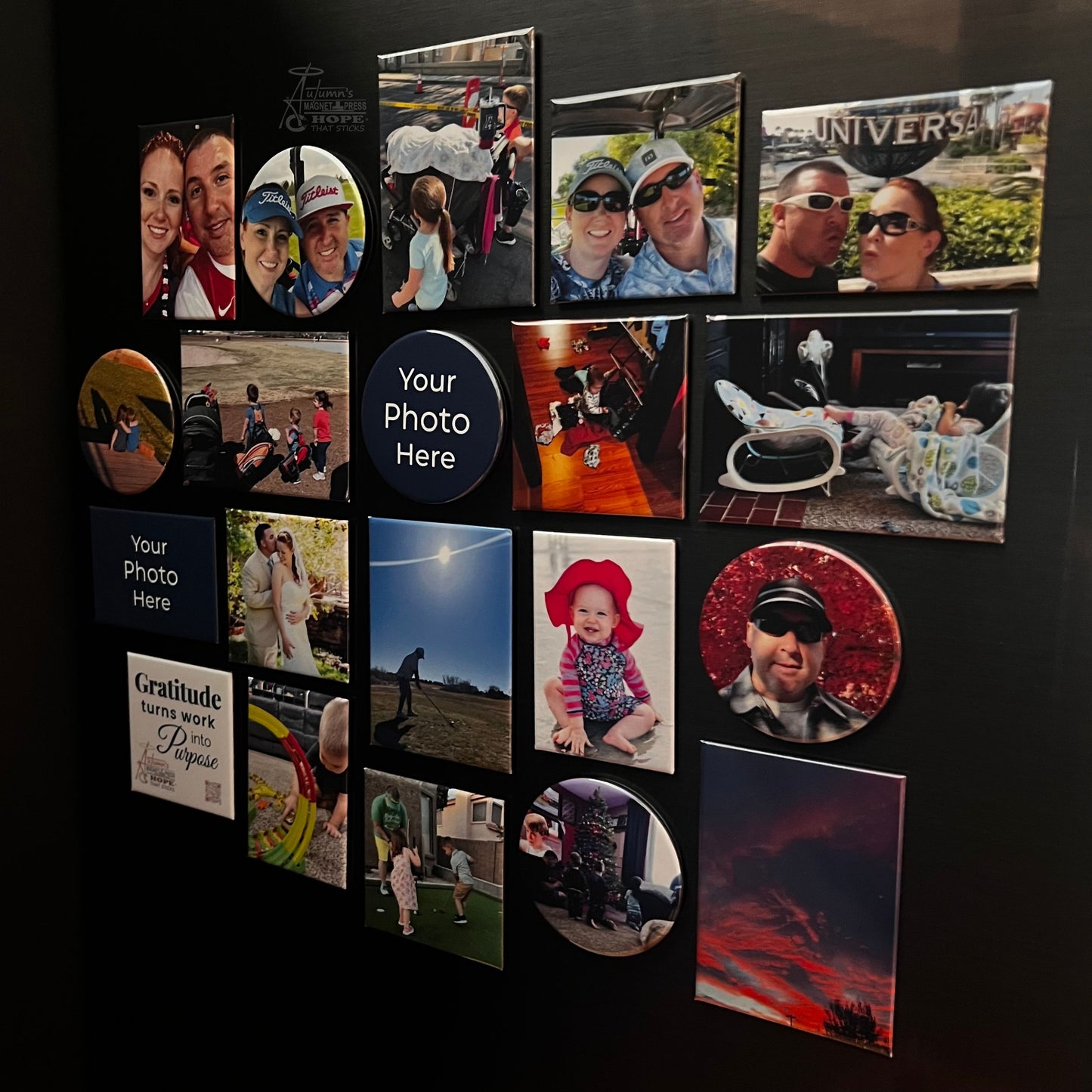 Try them all set of 20 custom photo magnets showing round, square, rectangle, and premium rectangle magnets arranged on a dark metal surface