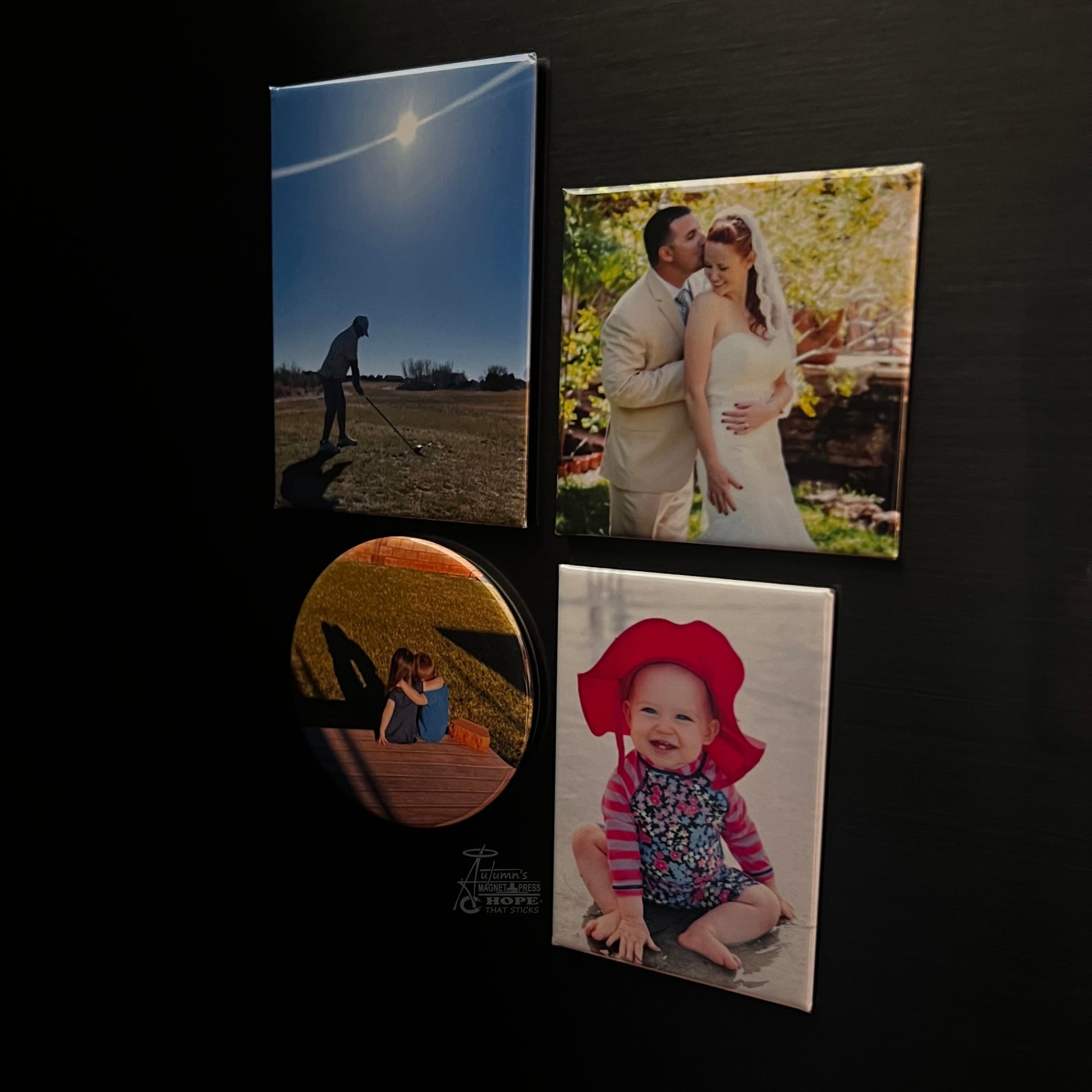 Try them all set of 4 custom photo magnets showing round, square, rectangle, and premium rectangle magnets on a dark metal surface